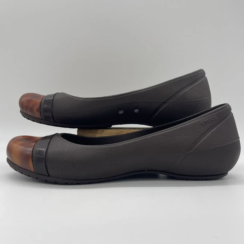 Crocs Womens 9 Shoes Ballarina‎ Flat Brown Tortoiseshell Cap Toe Marble Slip-On